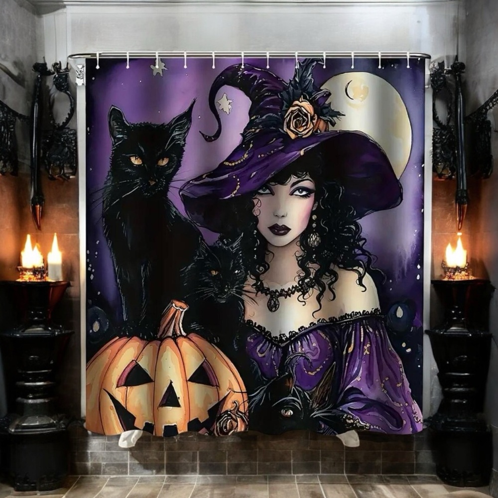 Witch Black Cat and Pumpkin Polyester Shower Curtain with 12 White Plastic Hooks